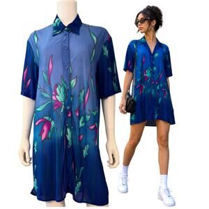 Vtg Gottex Blue Floral Shirt Dress Tunic Size L/XL Cover Up Boho Cruse Resort